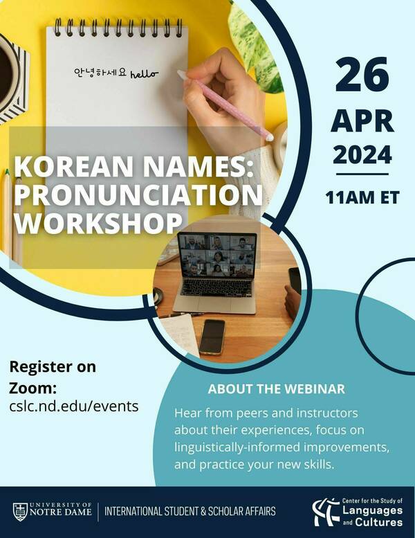 Korean Names Pronunciation Workshop on Zoom April 26 2024 at 11am eastern time