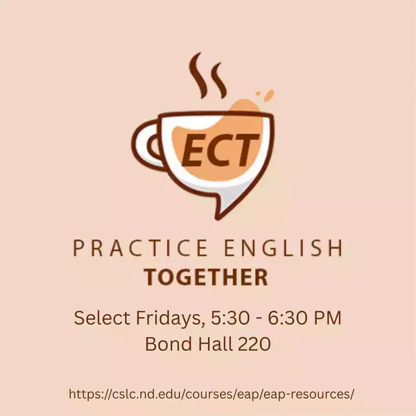 ECT inside an image of a cup with warm tea.  Details about the English Conversation Tables.