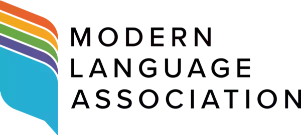 Logo: Modern Language Association, with five layered, curved bands in orange, yellow, green, purple, and blue on the left.