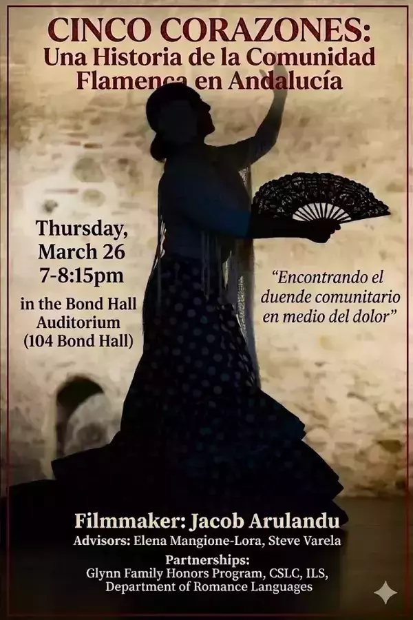 Dark silhouette of a female flamenco dancer in a ruffled dress, arm raised, holding a black lace fan. Poster for Cinco Corazones: Una Historia de la Comunidad Flamenca en Andalucía.