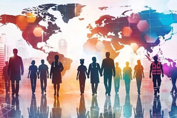 Silhouettes of diverse professionals, including healthcare workers, walking with reflections against a vibrant world map and city.